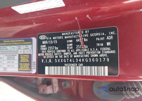 2019 Kia Optima S z USA, uszkodzony, nr VIN 5XXGT4L34KG360179